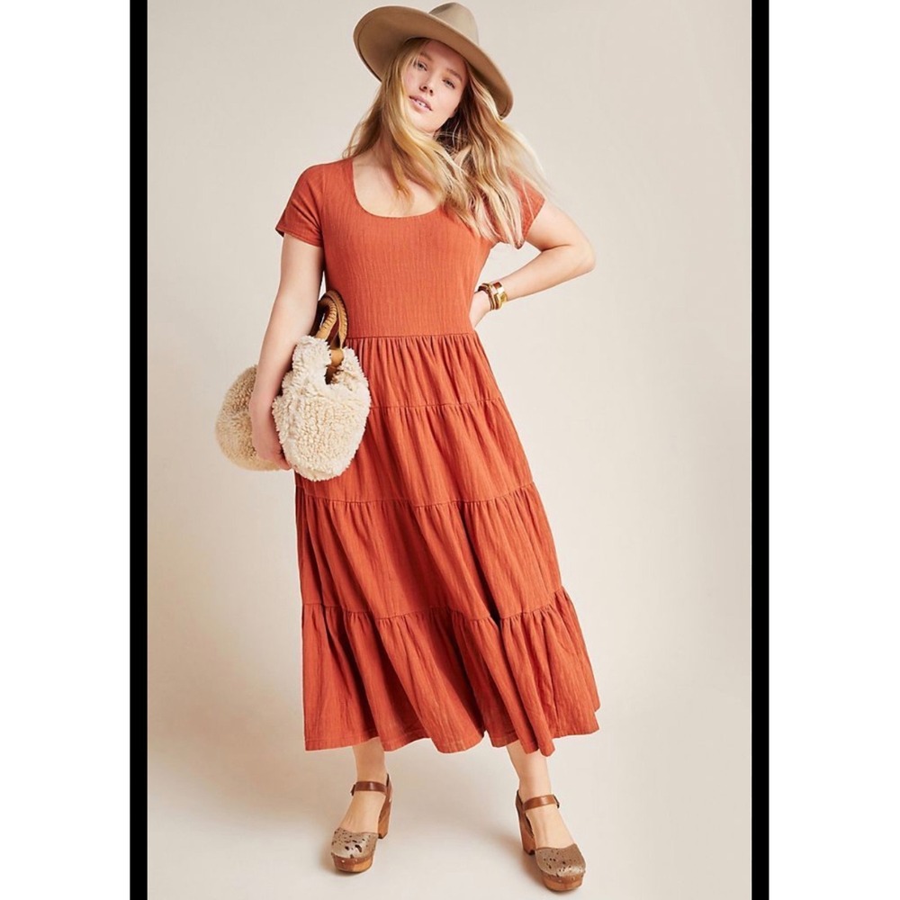 Maeve Anthropologie Rust Red Textured Tiered Maxi Dress XL Boho Prairie Earthy‎